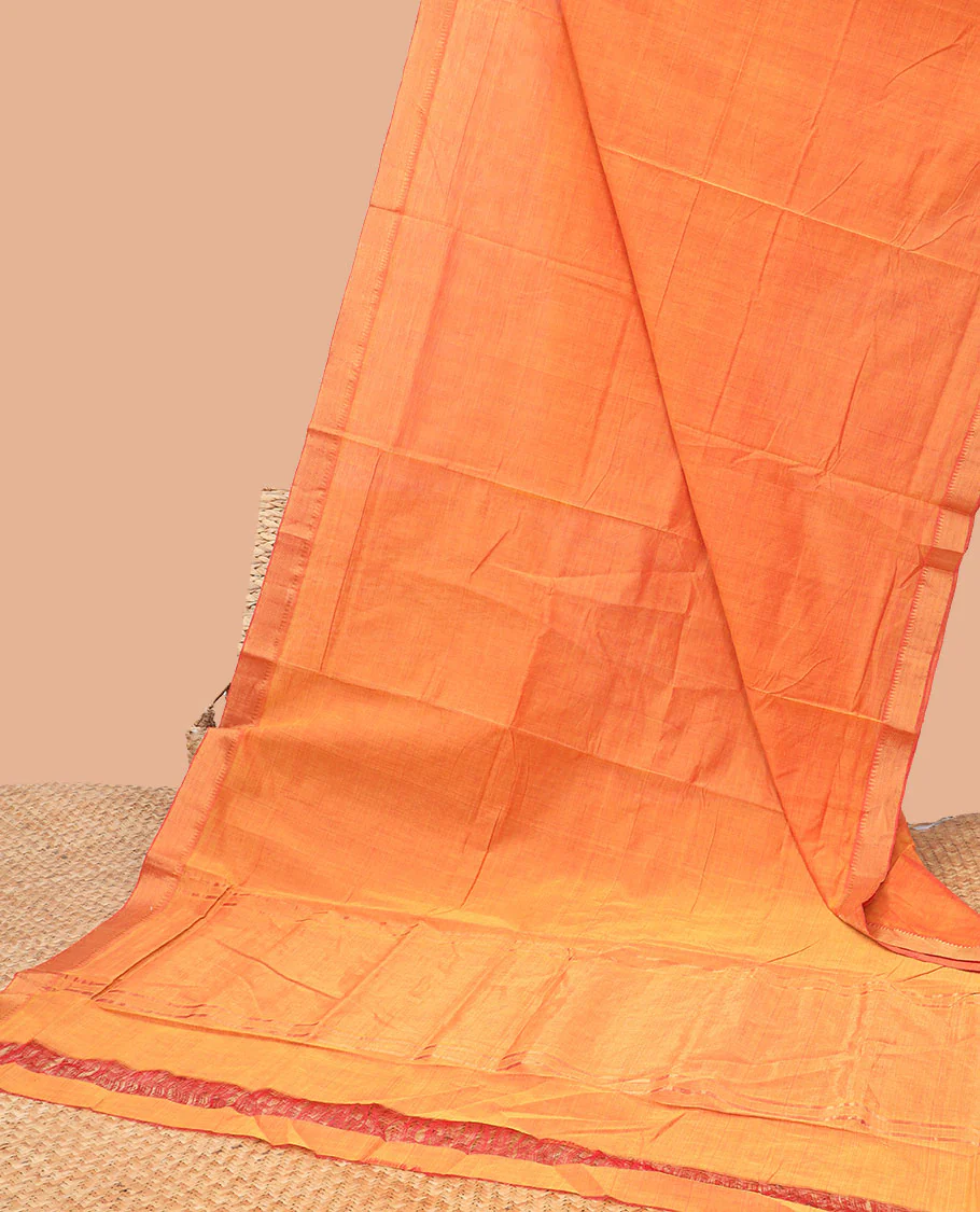 orange mangalagiri cotton saree with contrast zari design border & striped pallu - Image 2