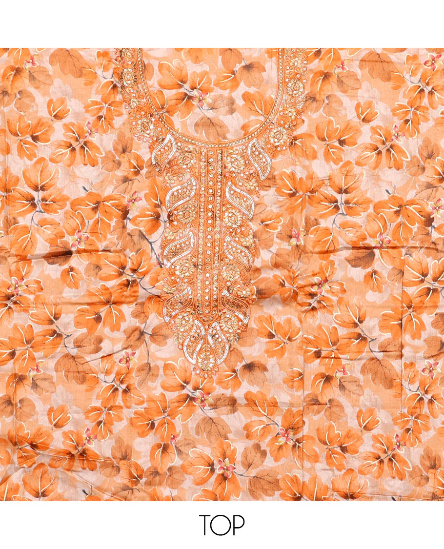 Orange material chudidar set, floral print and neck embroidered top, plain bottom, and floral jaal embroidered dupatta - Image 2