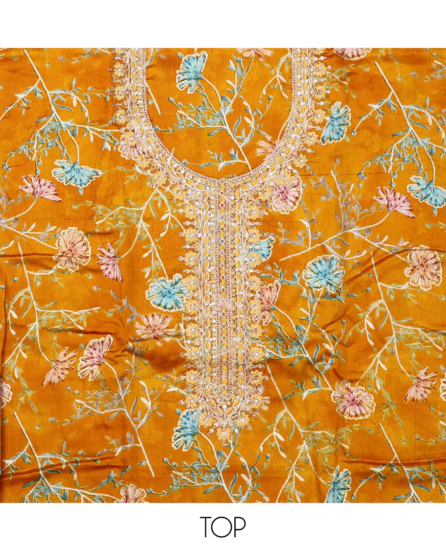 Orange material chudidar set, floral print with neck embroidered top, plain bottom, and contrast chevron sequins-thread striped dupatta - Image 2