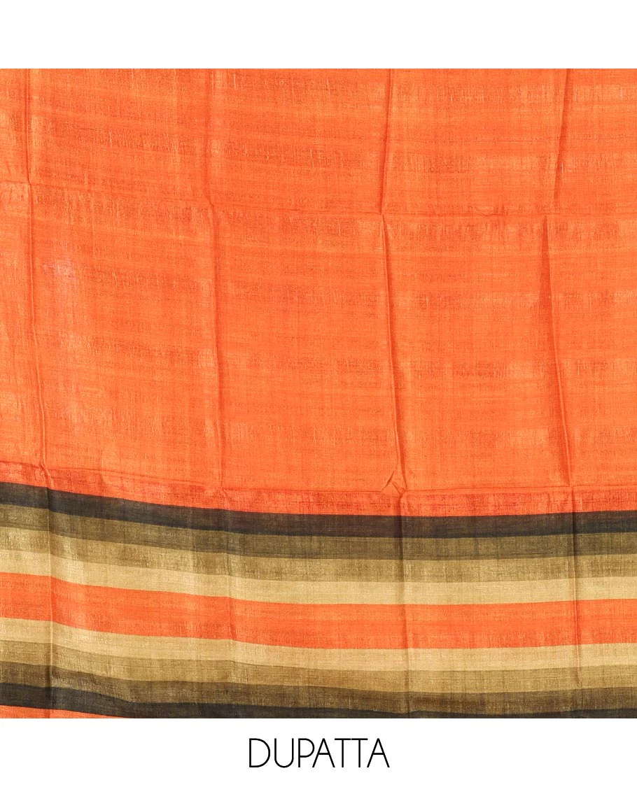 Orange material chudidar set, horizontal ombre striped semi-tussar top, plain santoon bottom & horizontal ombre striped dupatta with tassels - Image 2