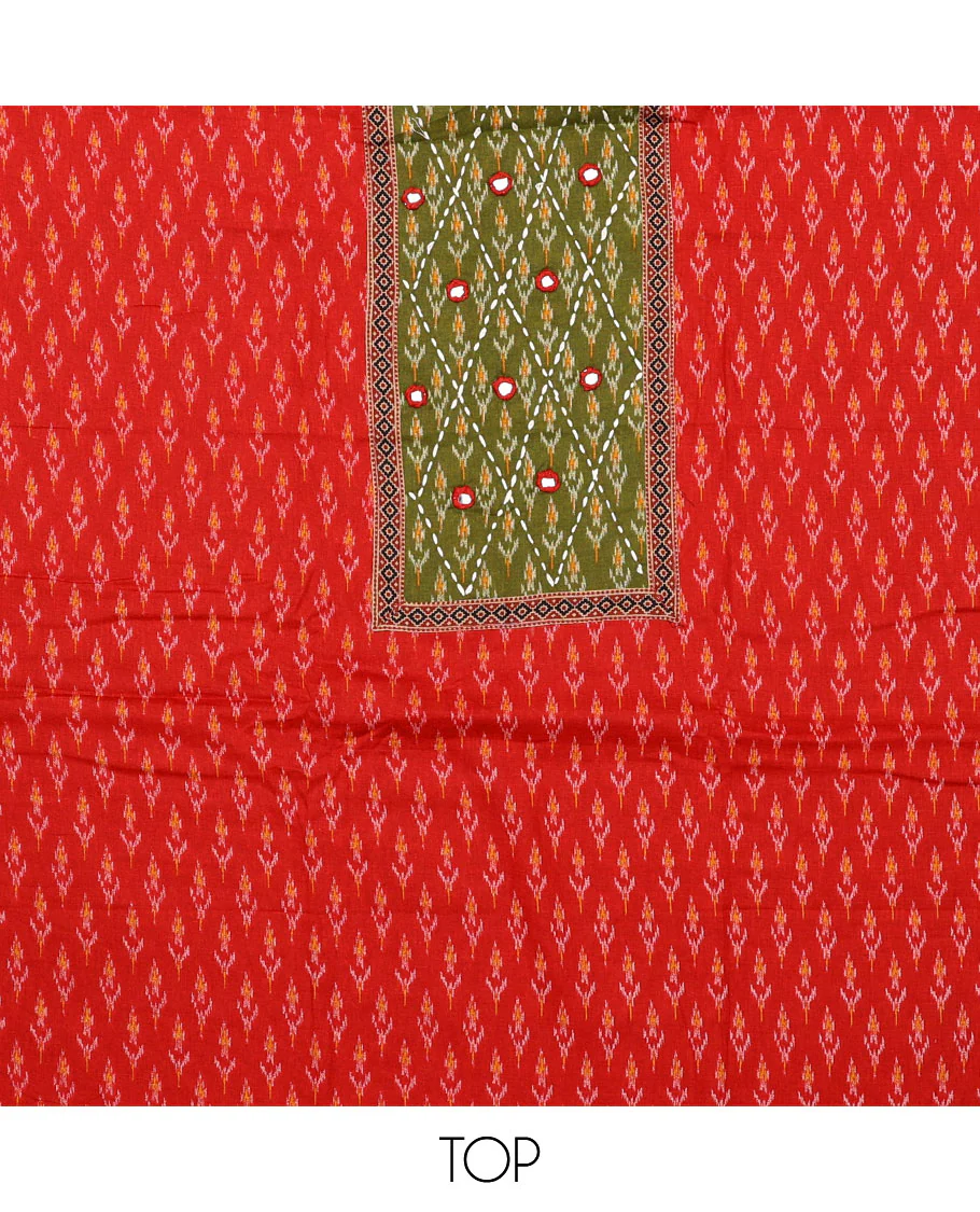 Orange material chudidar set, ikkat buttas with neck patch embroidered top, contrast plain bottom, and block printed dupatta - Image 2