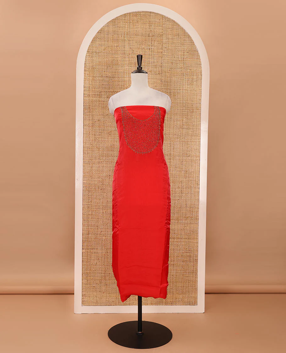 Orange material chudidar set, sugar beads neck embroidered velvet organza top, american crepe bottom & embroidered velvet organza dupatta - Image 3