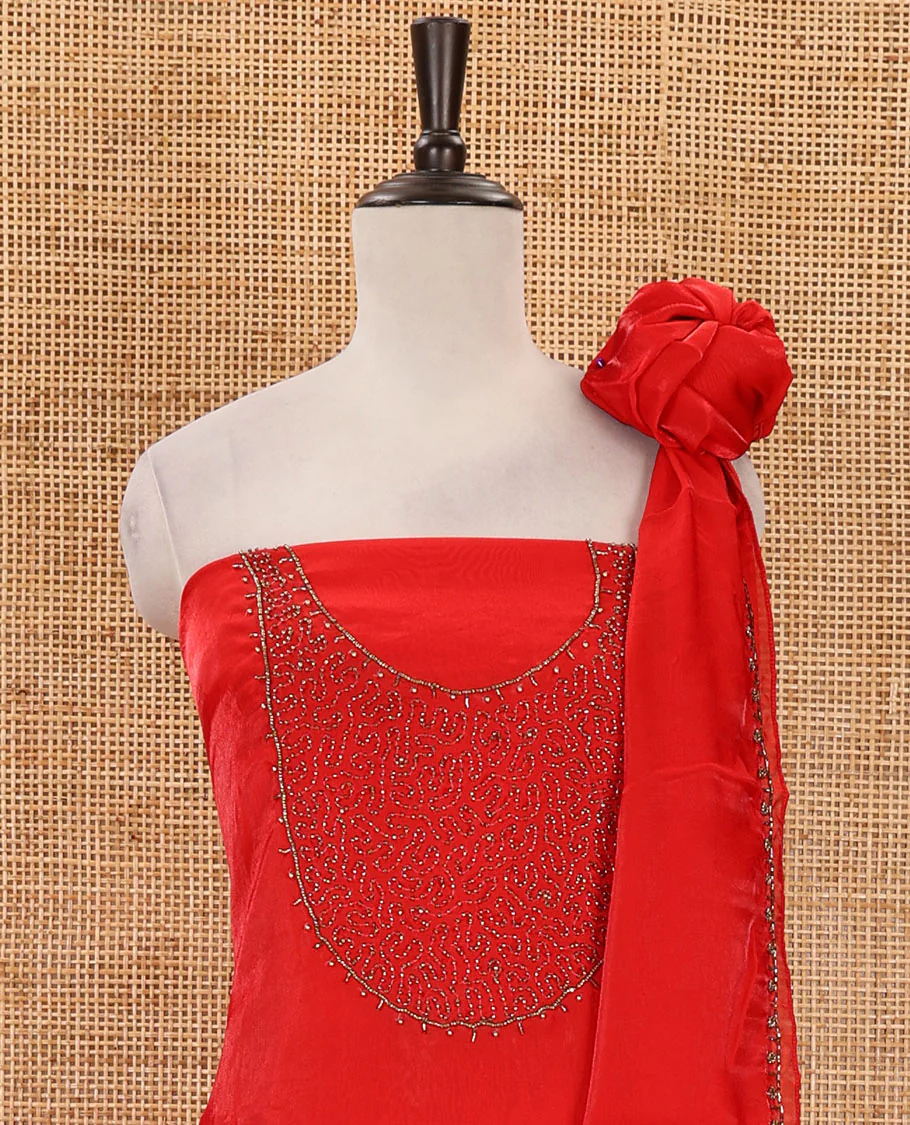 Orange material chudidar set, sugar beads neck embroidered velvet organza top, american crepe bottom & embroidered velvet organza dupatta - Image 4