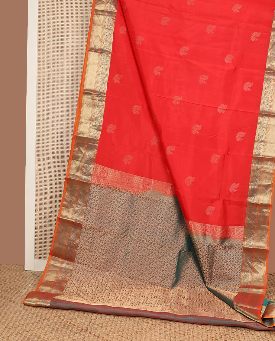 Orange mayil buttas Vasundhara silk saree, zari border of rekku,banaras,mayil & mayil kann & scallop design pallu - Image 3