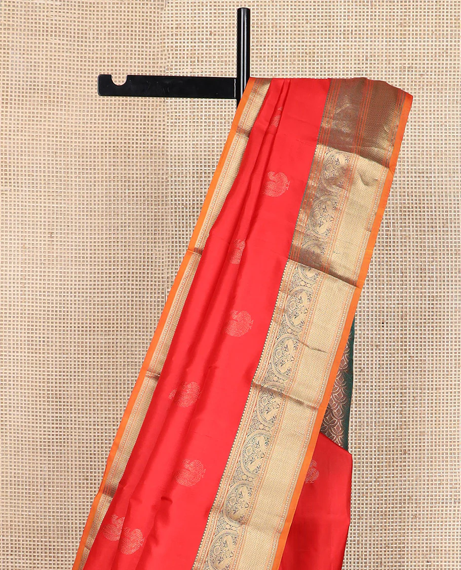 Orange mayil buttas Vasundhara silk saree, zari border of rekku,banaras,mayil & mayil kann & scallop design pallu - Image 4