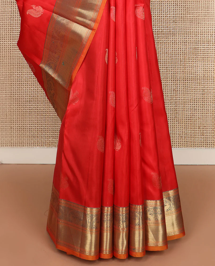 Orange mayil buttas Vasundhara silk saree, zari border of rekku,banaras,mayil & mayil kann & scallop design pallu - Image 5