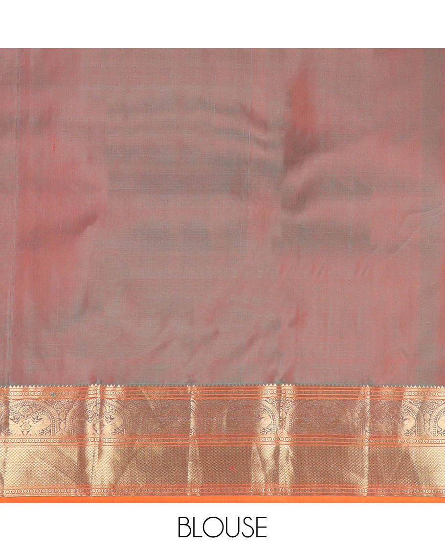 Orange mayil buttas Vasundhara silk saree, zari border of rekku,banaras,mayil & mayil kann & scallop design pallu - Image 6