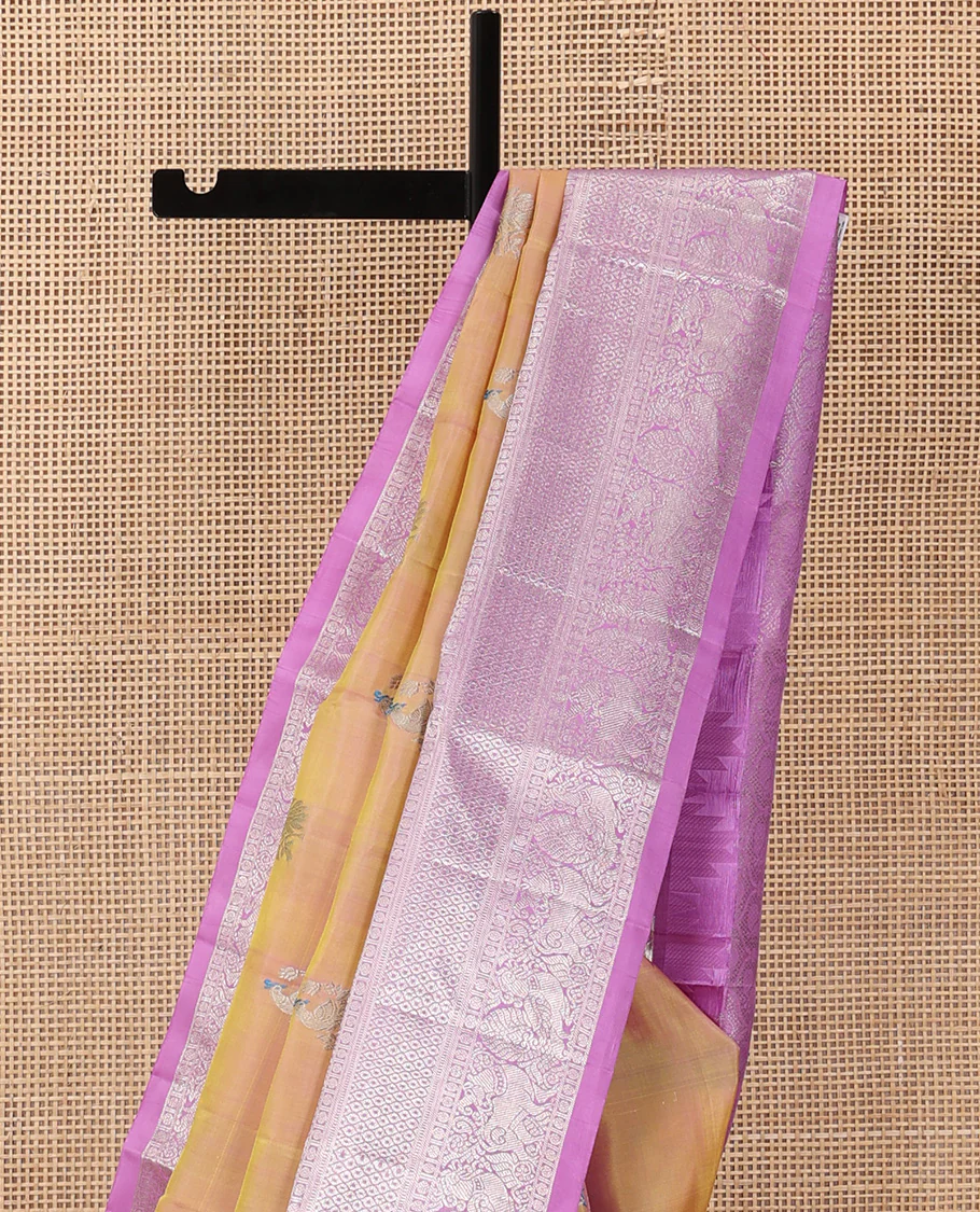 Orange meena peacock buttas Venkatagiri silk saree, contrast traditional zari border, and jaal pallu - Image 3