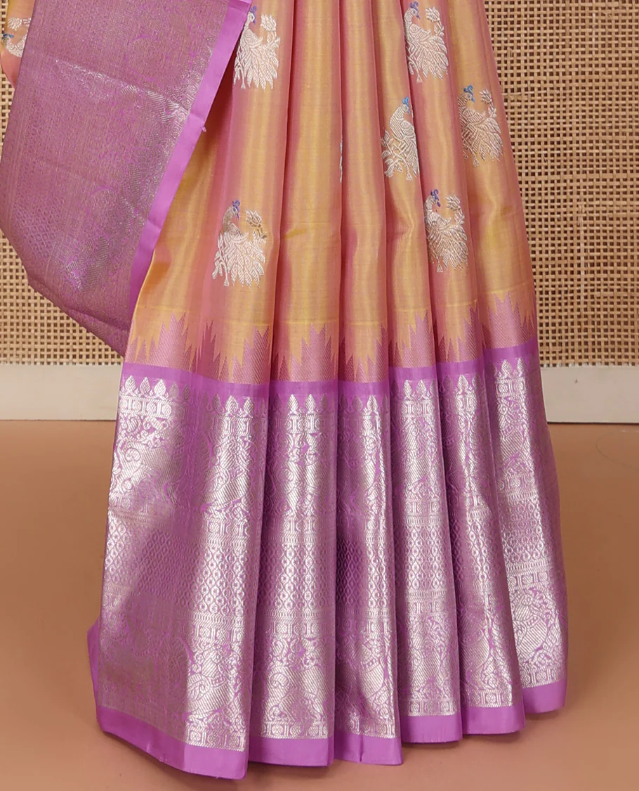 Orange meena peacock buttas Venkatagiri silk saree, contrast traditional zari border, and jaal pallu - Image 4