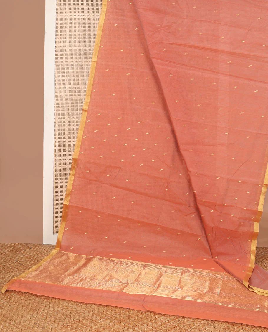 Orange motifs chanderi cotton saree with contrast zari border & striped pallu - Image 2