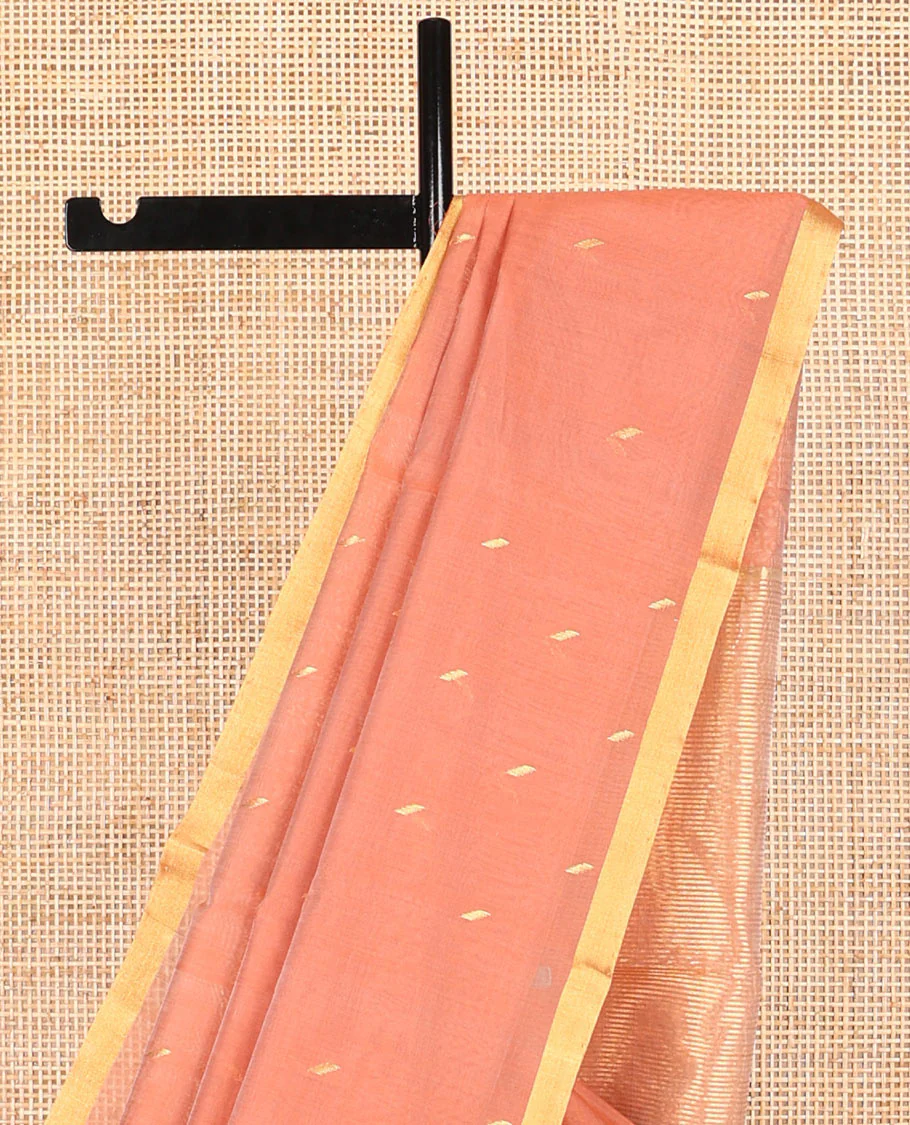 Orange motifs chanderi cotton saree with contrast zari border & striped pallu - Image 3