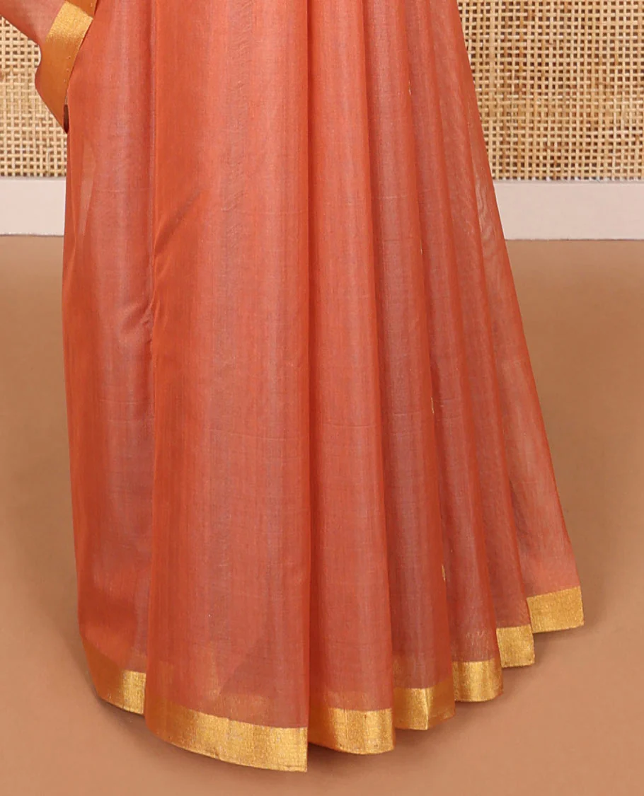 Orange motifs chanderi cotton saree with contrast zari border & striped pallu - Image 4