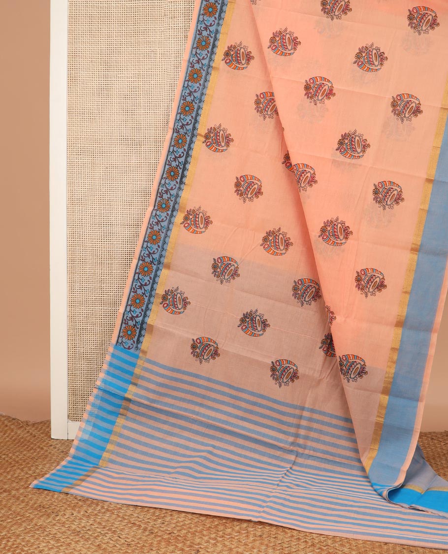 Orange musical instruments printed Chirala cotton saree, contrast floral creeper printed border, and striped pallu - Image 2