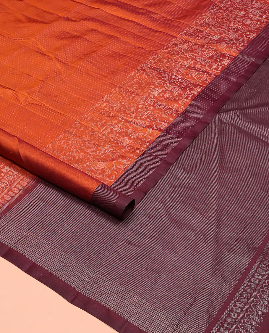 Orange muthu striped and warli village theme woven Kanchipuram silk saree, contrast checked border, and striped pallu - Image 2