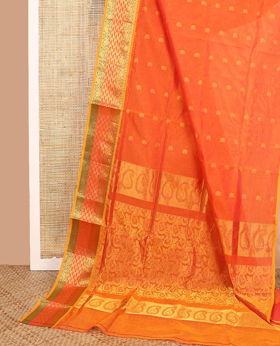 Orange paisley buttas Venkatagiri cotton saree with contrast traditional zari border, and pallu steeped with zari paisleys - Image 2