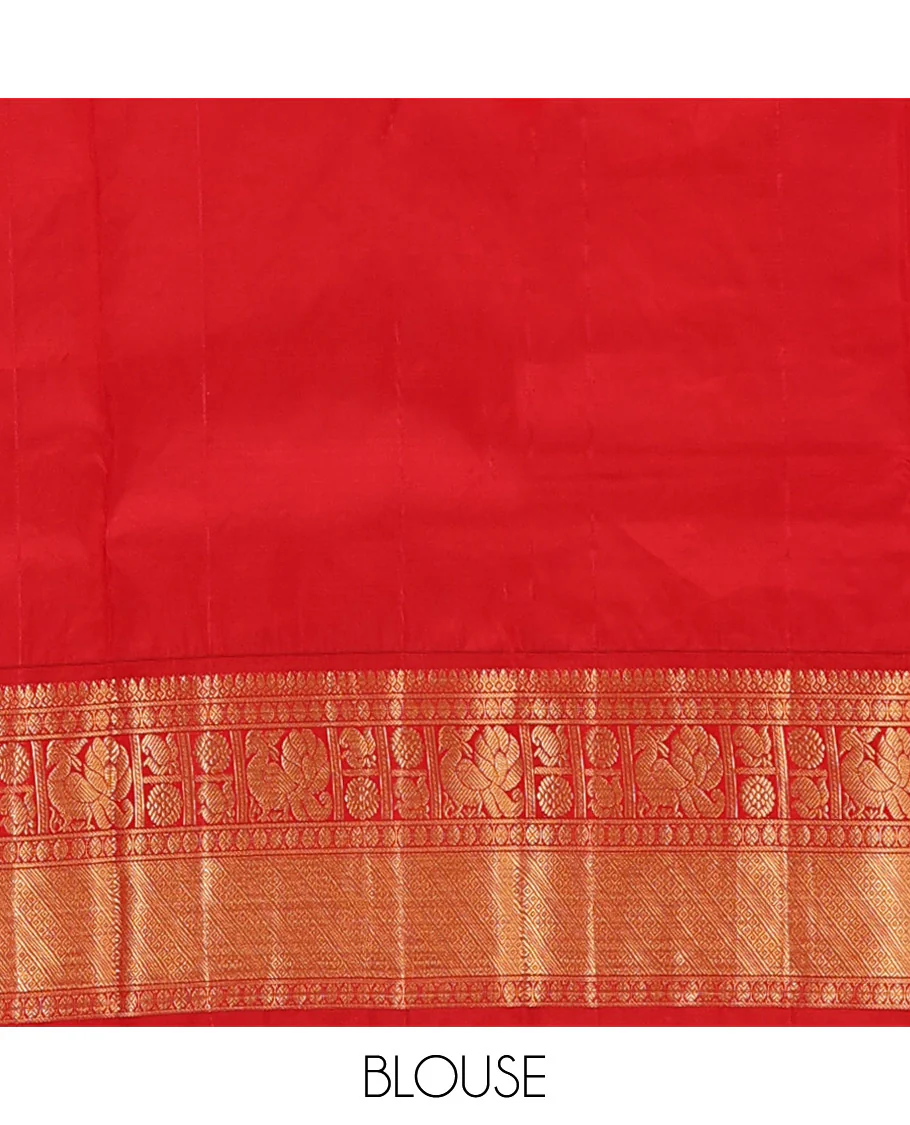 Orange peacock zari buttas Bangalore silk saree, contrast traditional zari border, and pallu of ogee patterns - Image 6