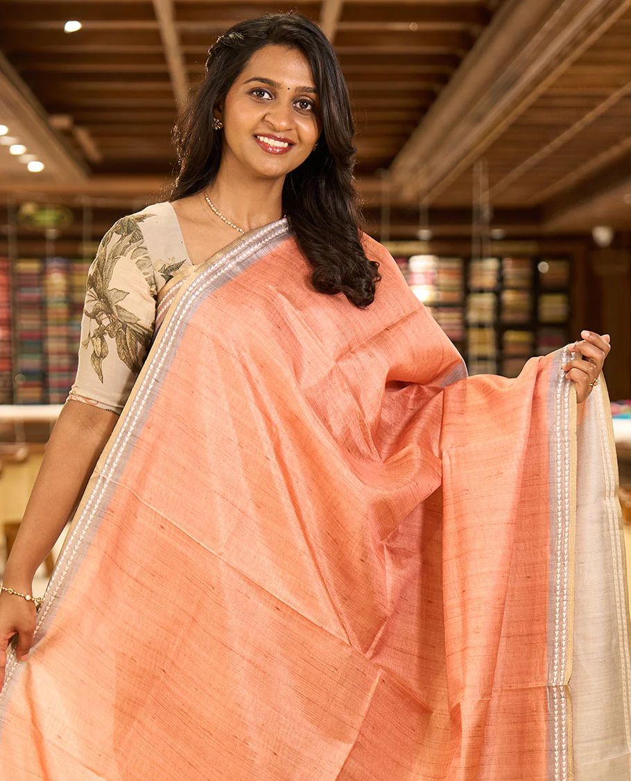 Orange full-plain design semi-tussar saree, contrast thread triangle motifs border, bird motifs printed pallu & contrast striped blouse - Image 2