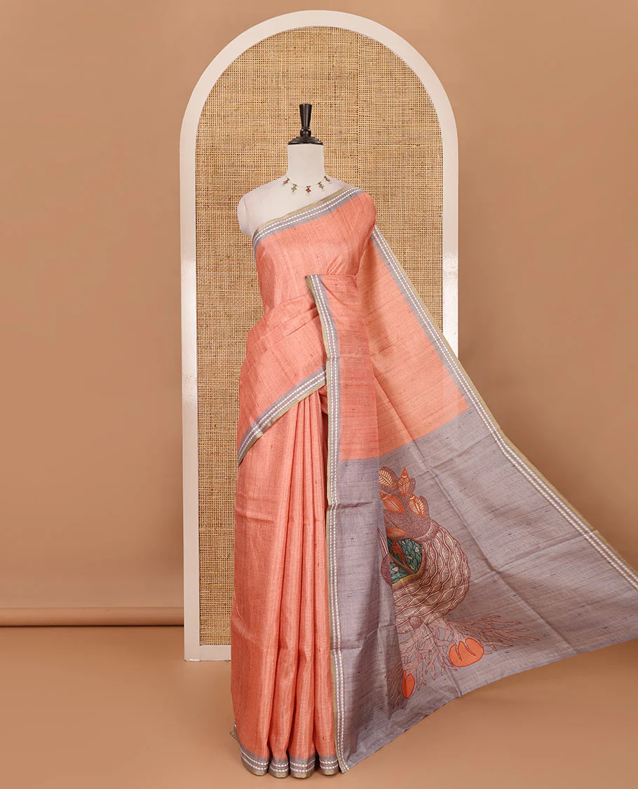 Orange full-plain design semi-tussar saree, contrast thread triangle motifs border, bird motifs printed pallu & contrast striped blouse - Image 3