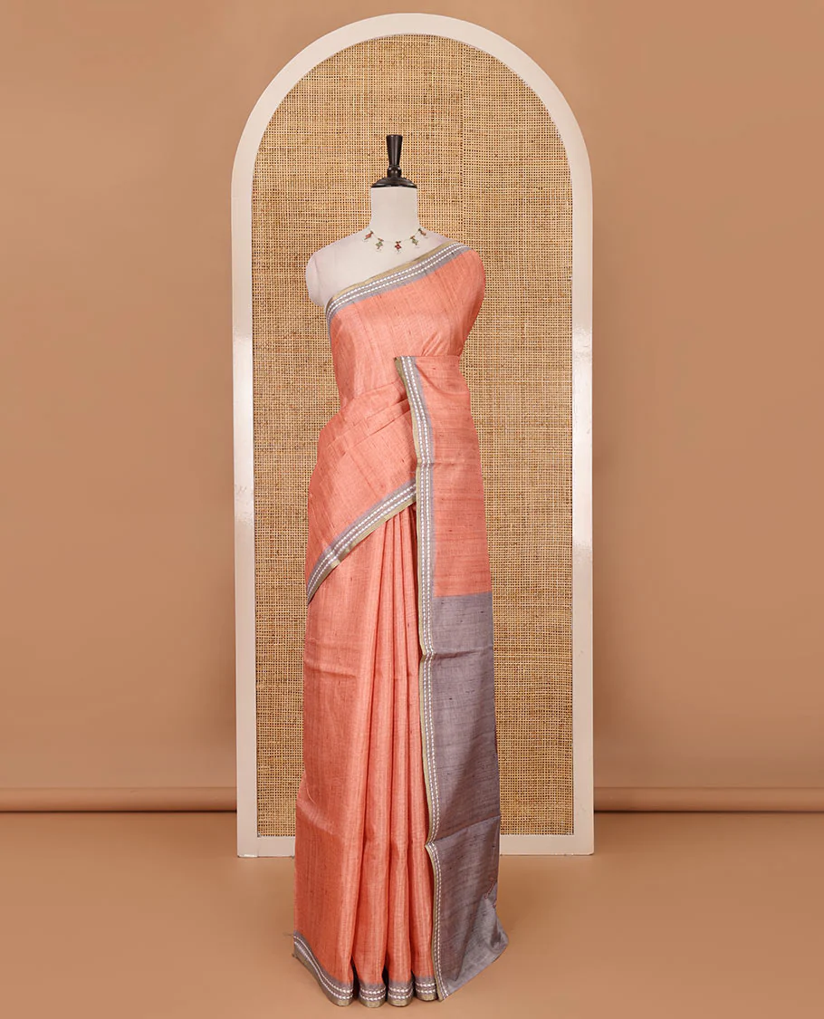 Orange full-plain design semi-tussar saree, contrast thread triangle motifs border, bird motifs printed pallu & contrast striped blouse - Image 4