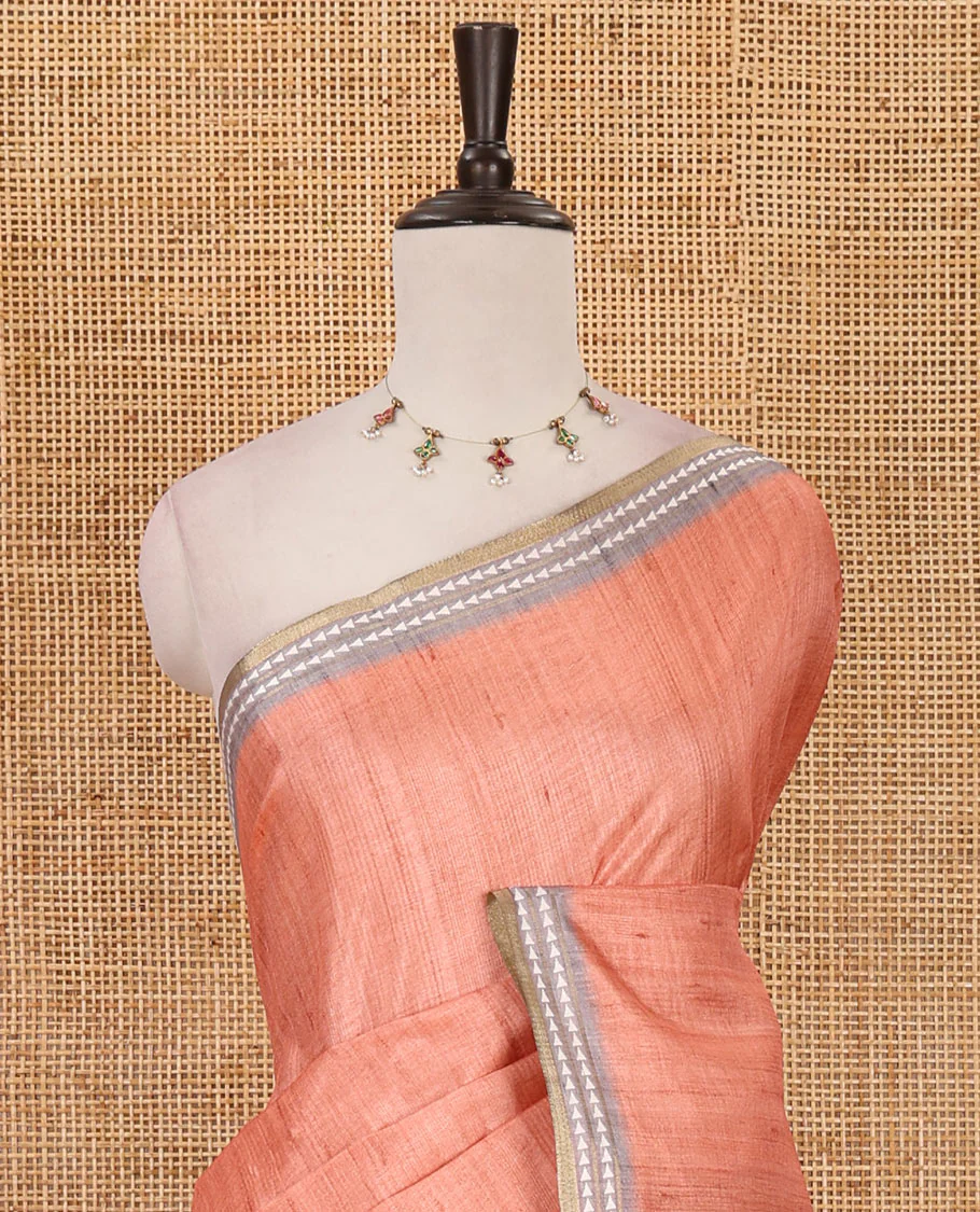 Orange full-plain design semi-tussar saree, contrast thread triangle motifs border, bird motifs printed pallu & contrast striped blouse - Image 5
