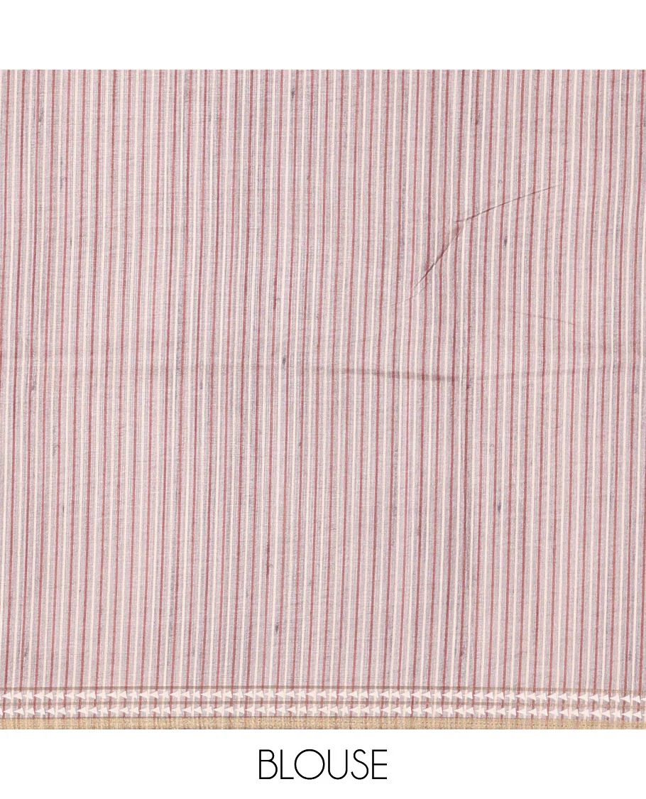 Orange full-plain design semi-tussar saree, contrast thread triangle motifs border, bird motifs printed pallu & contrast striped blouse - Image 6