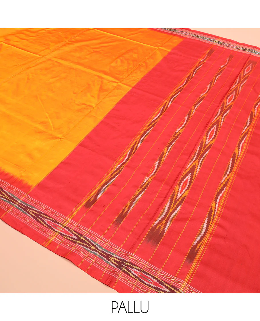 Orange Plain Ikkat Silk Saree with a Contrast Red Border Adorned by a Hazy Ikkat Weave, Featuring a Pallu Flanked by Stripes and Ikkat Texture - Image 5