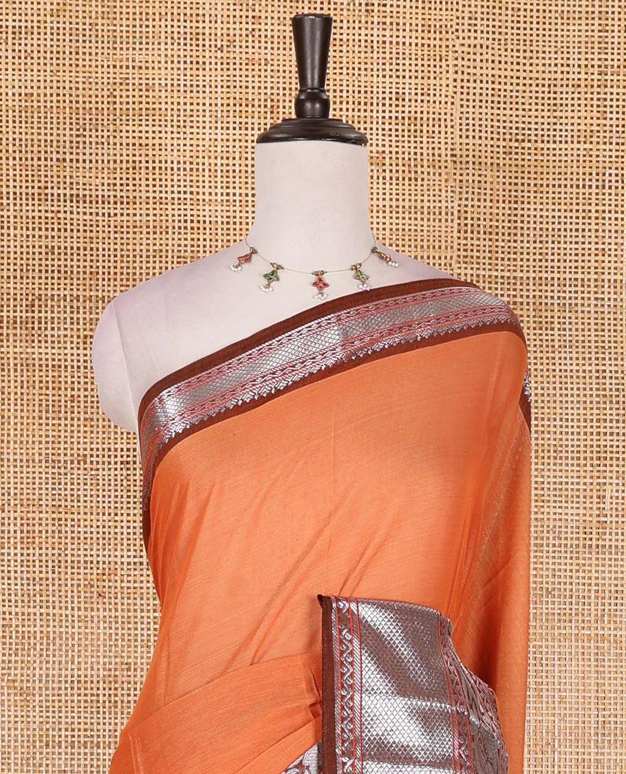 Orange plain mercerised cotton saree, contrast traditional zari border of elephant and peacock designs, striped pallu, and plain blouse - Image 3