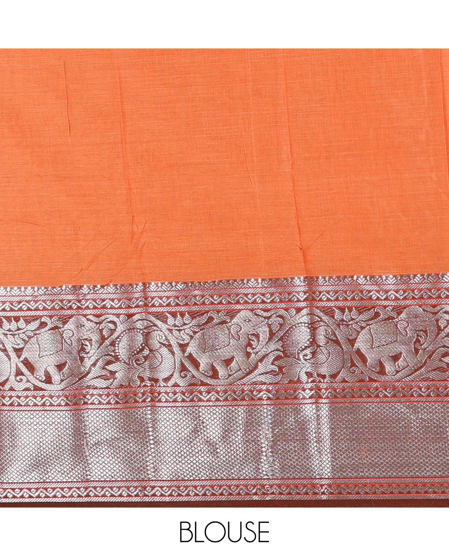 Orange plain mercerised cotton saree, contrast traditional zari border of elephant and peacock designs, striped pallu, and plain blouse - Image 4
