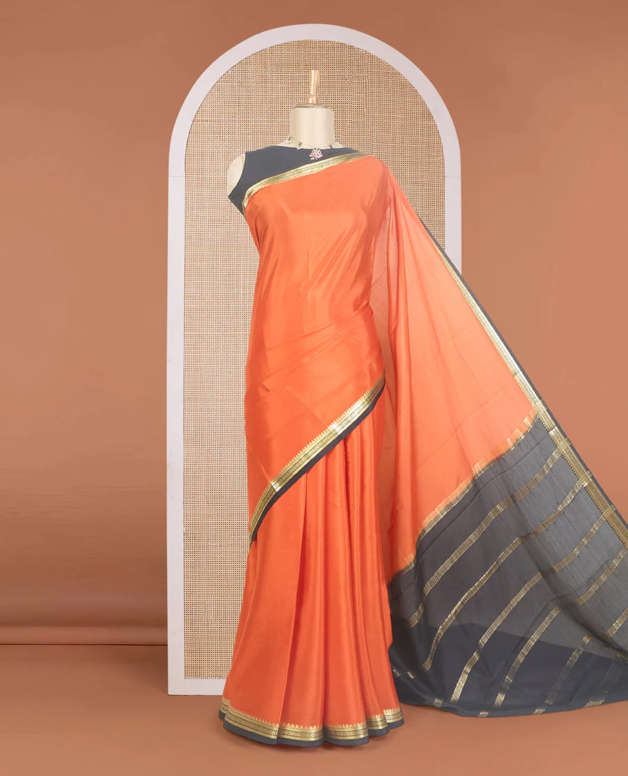 Orange plain Mysore silk saree, contrast traditional zari design border, and zari striped pallu - Image 2