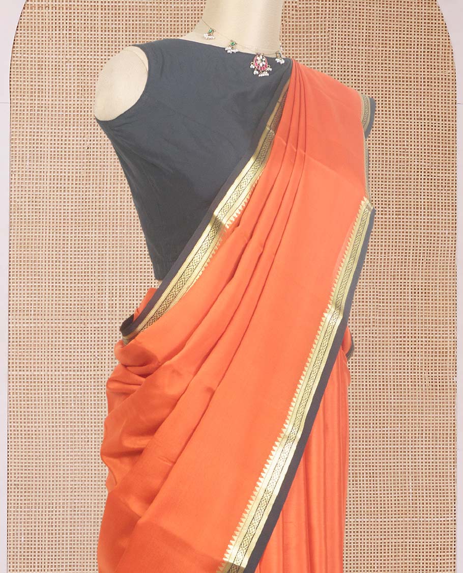 Orange plain Mysore silk saree, contrast traditional zari design border, and zari striped pallu - Image 3