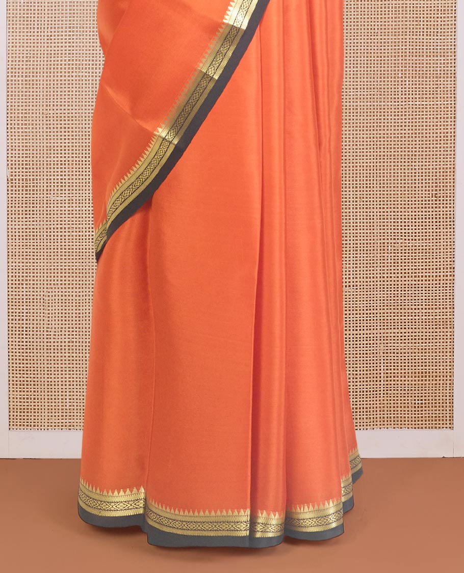 Orange plain Mysore silk saree, contrast traditional zari design border, and zari striped pallu - Image 4