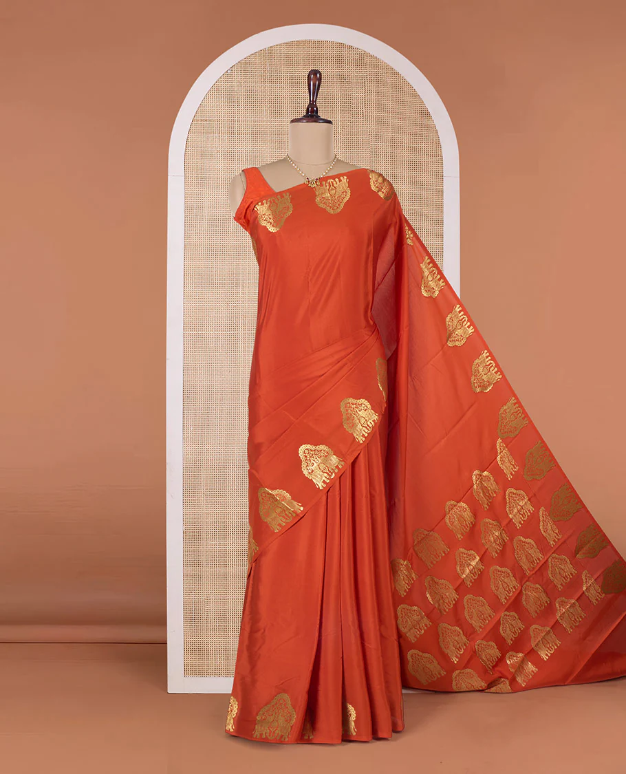 Orange plain Mysore silk saree, elephant motifs border, and pallu steeped with elephant motifs in zari - Image 2