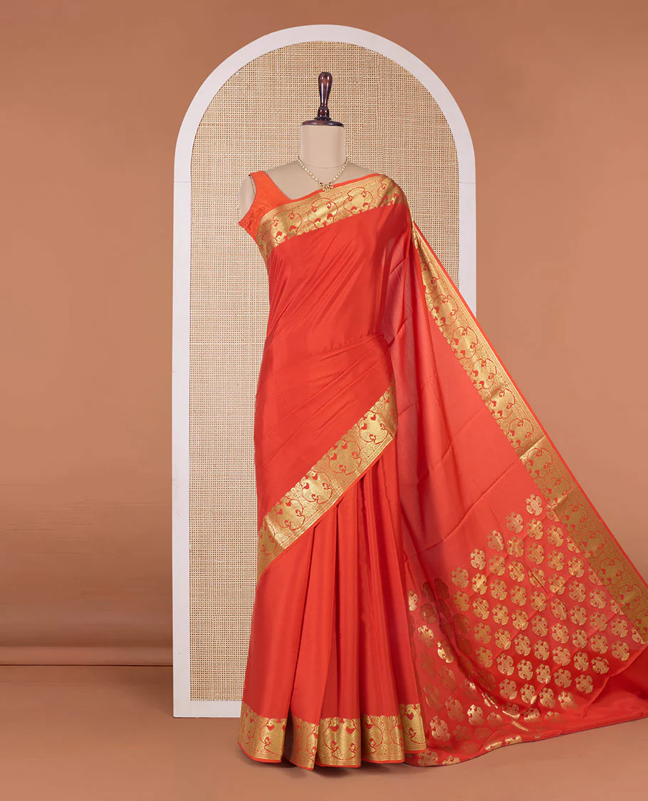 Orange plain Mysore silk saree, two-headed eagle motifs zari border, and pallu - Image 2