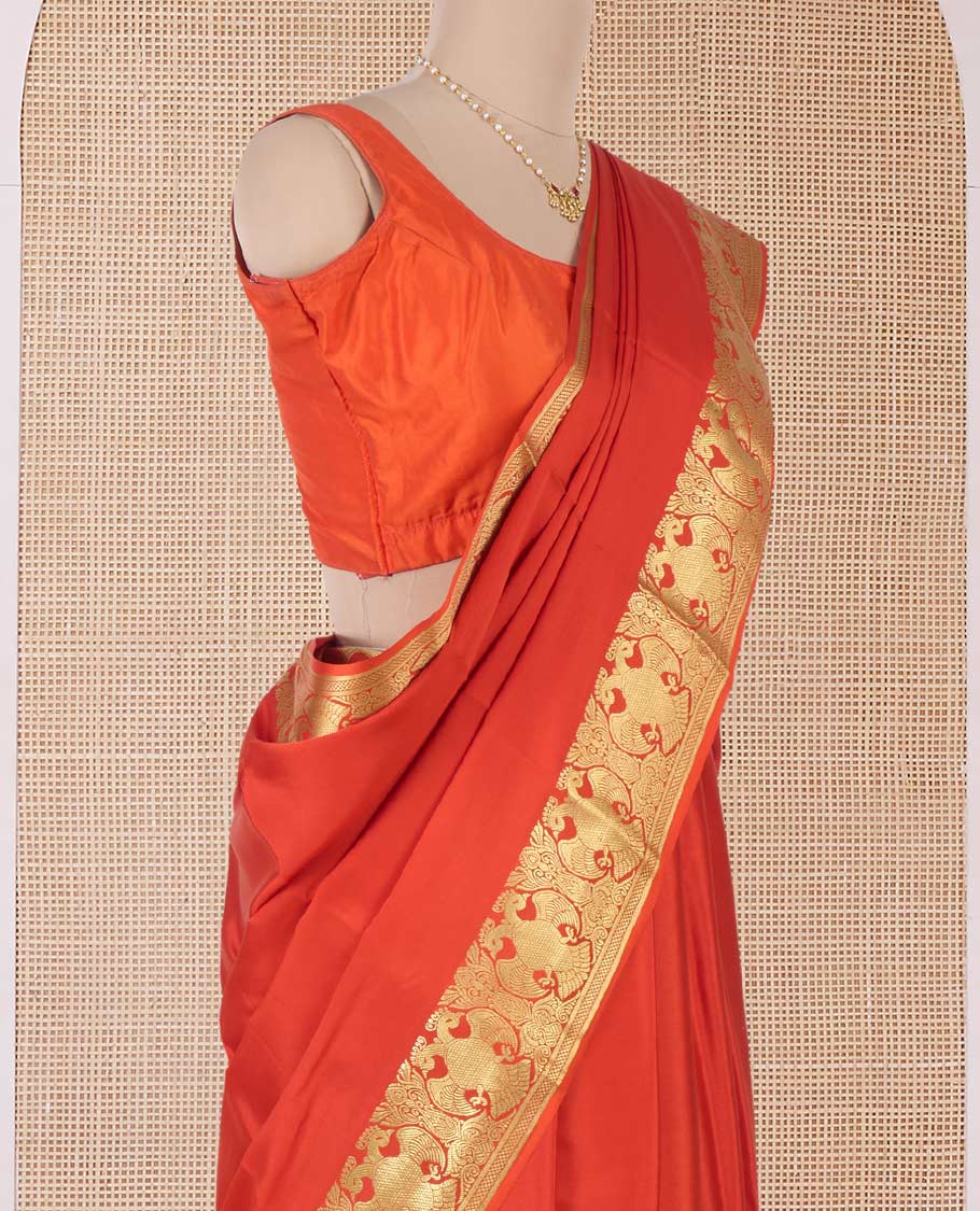 Orange plain Mysore silk saree, two-headed eagle motifs zari border, and pallu - Image 3
