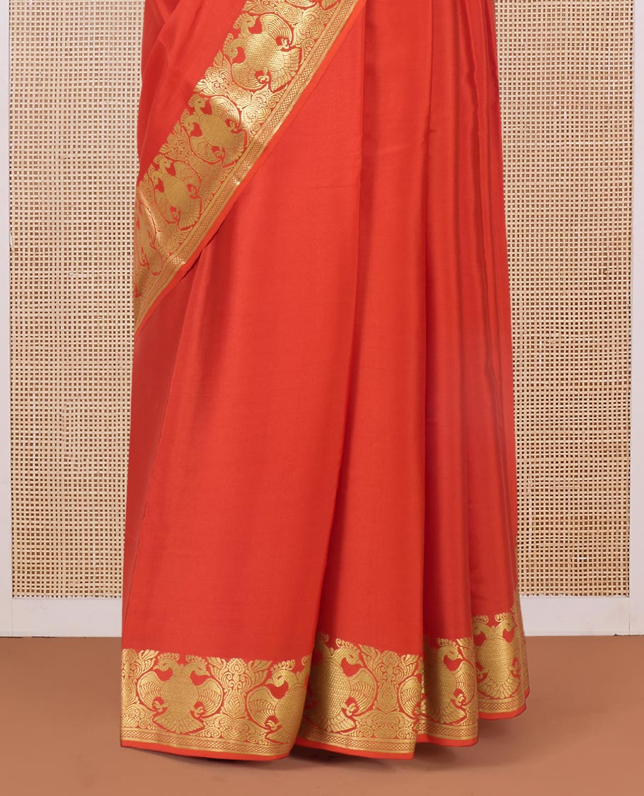 Orange plain Mysore silk saree, two-headed eagle motifs zari border, and pallu - Image 4