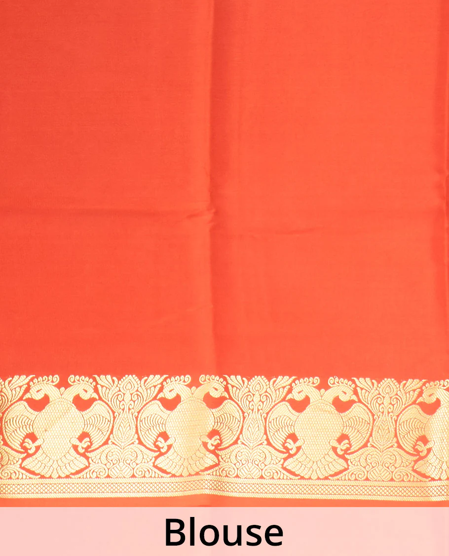 Orange plain Mysore silk saree, two-headed eagle motifs zari border, and pallu - Image 5