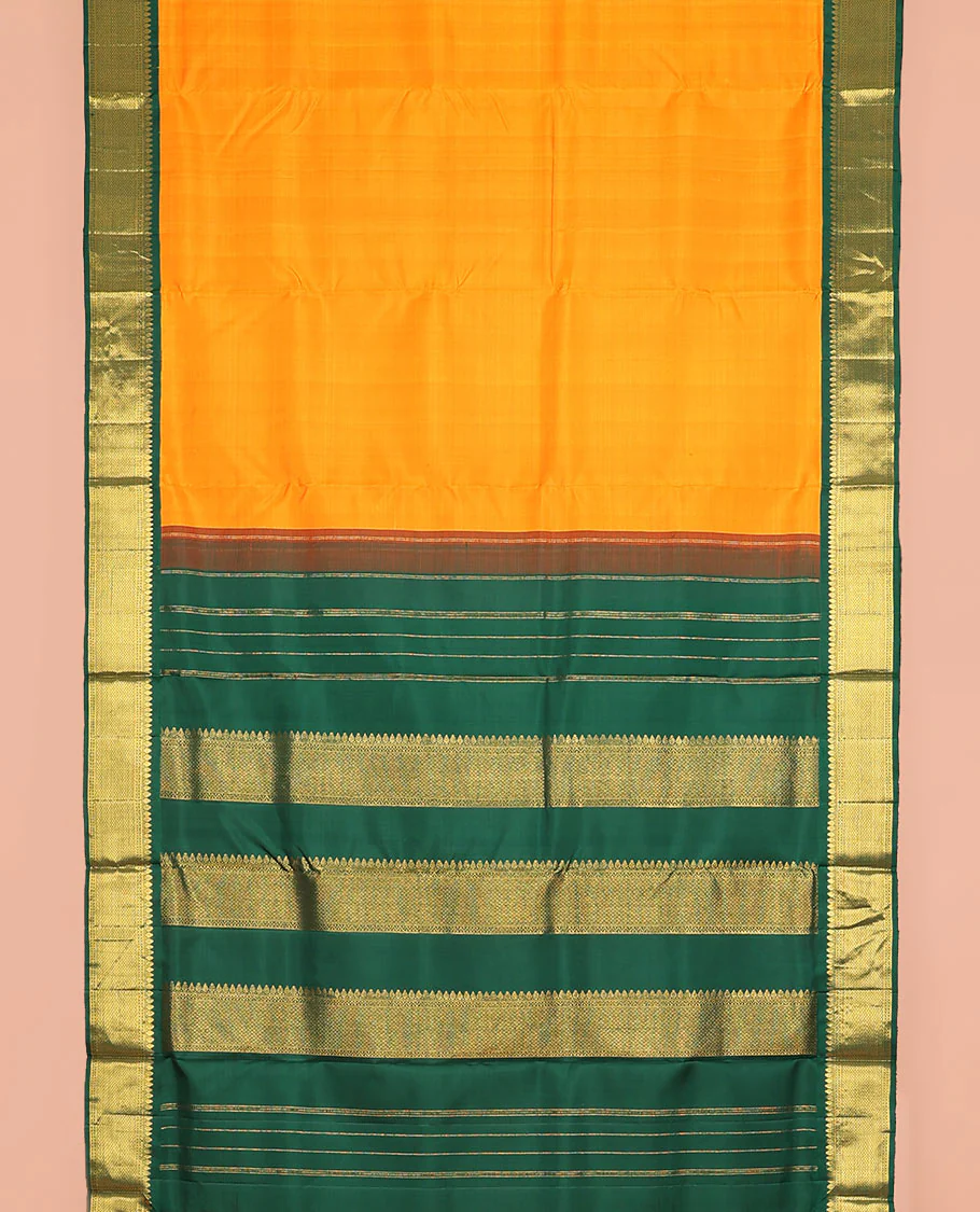 Orange plain nine-yard silk saree, contrast border of thilakam mokku, neli and paiyadi kattam designs, and pallu of zari designs - Image 2