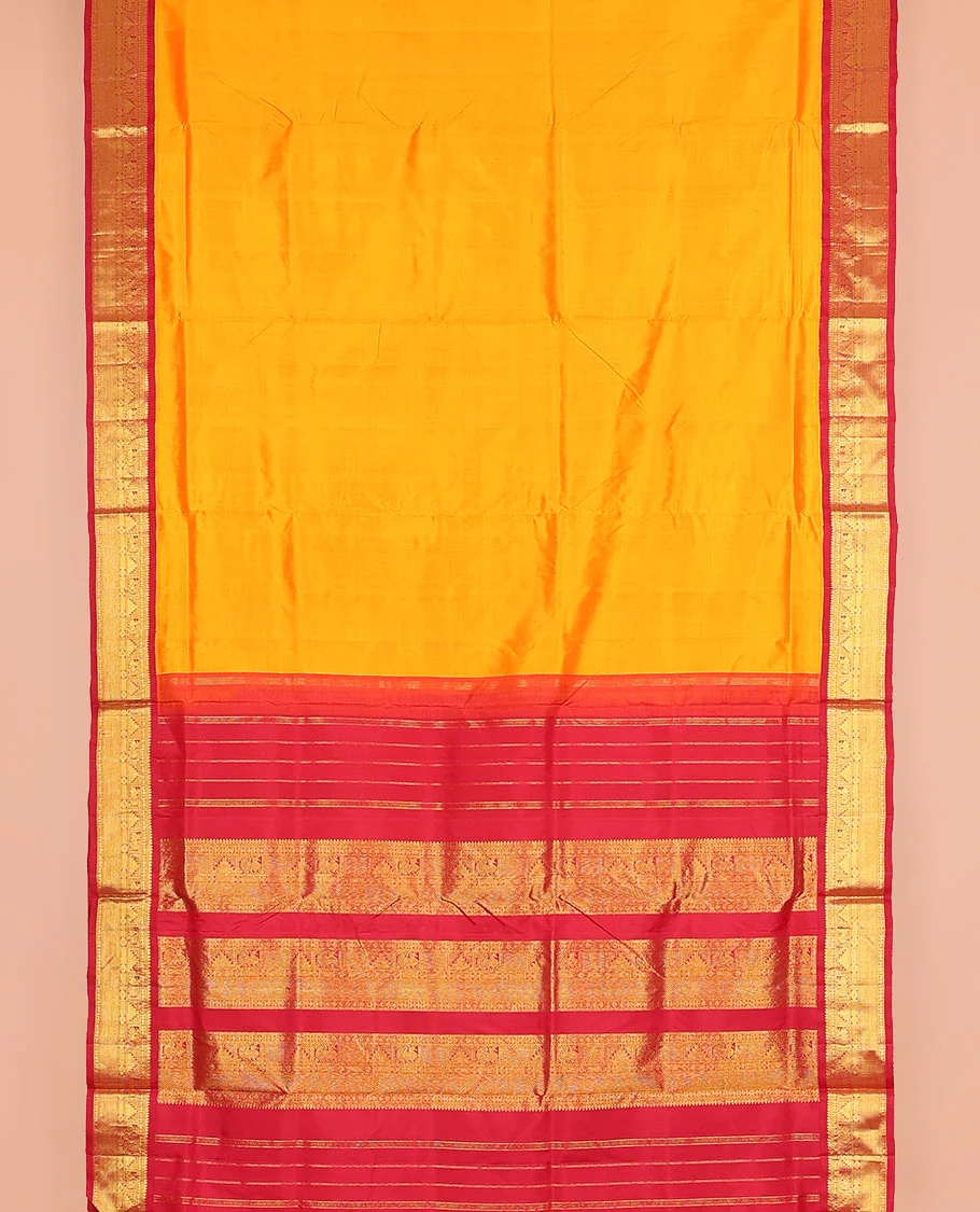 Orange plain nine-yard silk saree, contrast korvai  border of thilakam mokku, Muthu, manga, mayil, rekku, and kuyil kann designs, and zari design pallu - Image 2