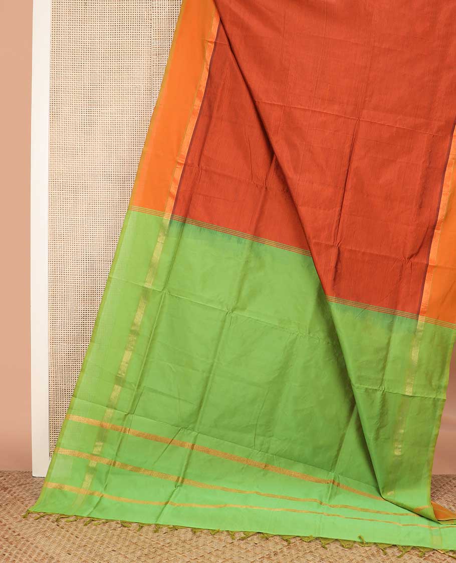 Orange plain poly cotton saree, contrast zari border, and contrast zari striped pallu - Image 2