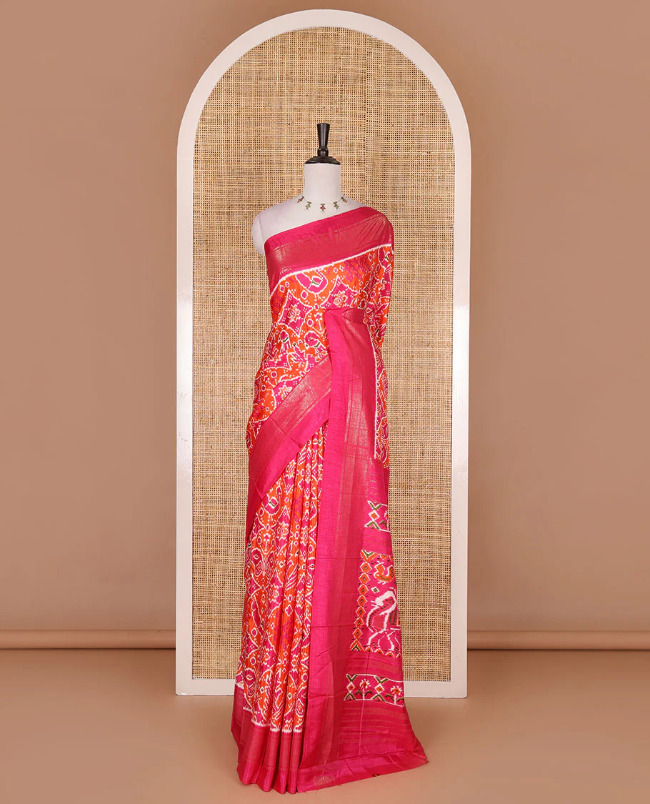 Orange pochampally style butterflies, and bird printed dola silk saree, contrast zari border, pallu of elephant palanquin, and contrast printed blouse - Image 2