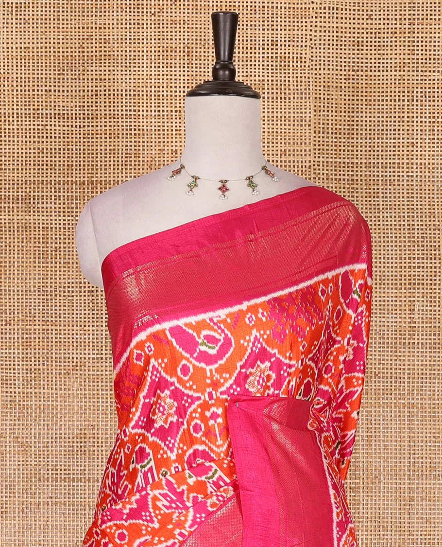 Orange pochampally style butterflies, and bird printed dola silk saree, contrast zari border, pallu of elephant palanquin, and contrast printed blouse - Image 3