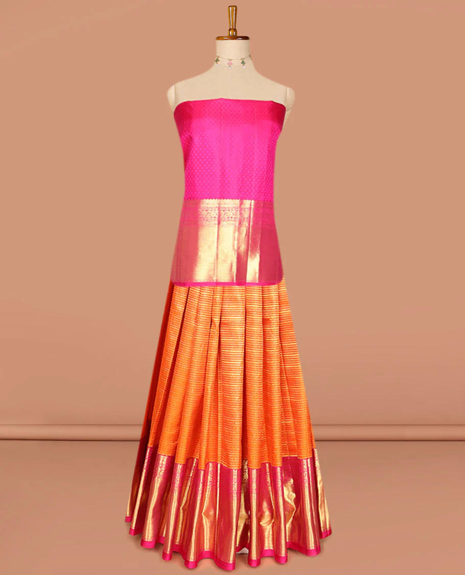 Orange pure-silk half saree, jacquard skirt, contrast border & blouse of paisa, manga & kodi visiry & intricate dhavani - Image 3
