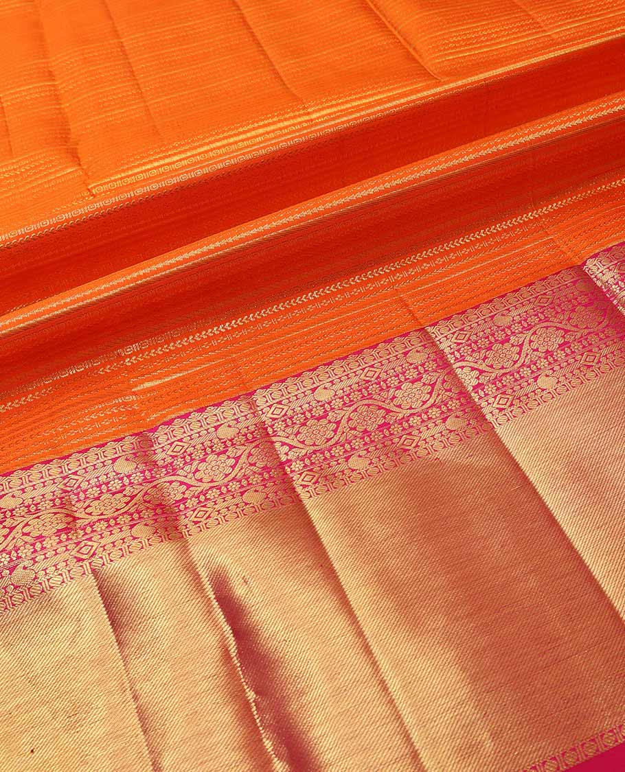 Orange pure-silk half saree, jacquard skirt, contrast border & blouse of paisa, manga & kodi visiry & intricate dhavani - Image 4