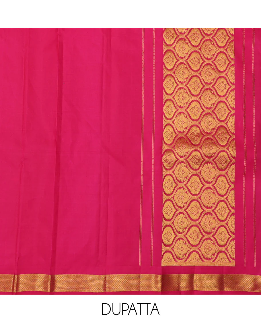 Orange pure-silk half saree, jacquard skirt, contrast border & blouse of paisa, manga & kodi visiry & intricate dhavani - Image 6