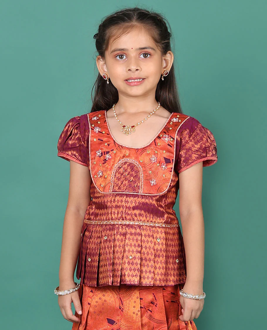 Orange readymade art silk pavadai set, jacquard with contrast traditional zari border skirt, - Image 2