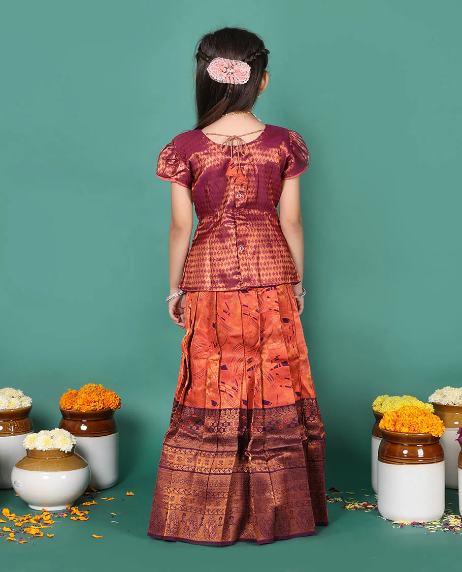 Orange readymade art silk pavadai set, jacquard with contrast traditional zari border skirt, - Image 5