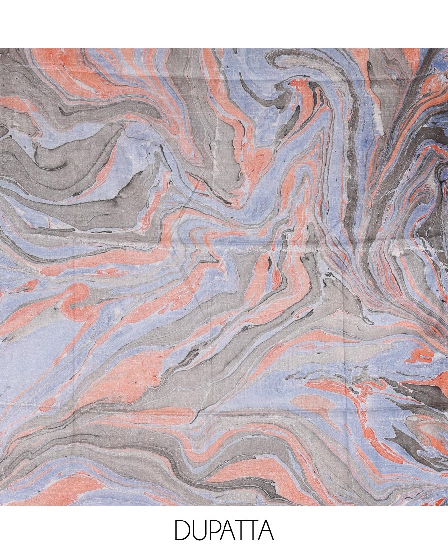 Orange semi-jute cotton material churidar set, abstract marble print top, abstract marble print bottom, and abstract marble print dupatta - Image 2
