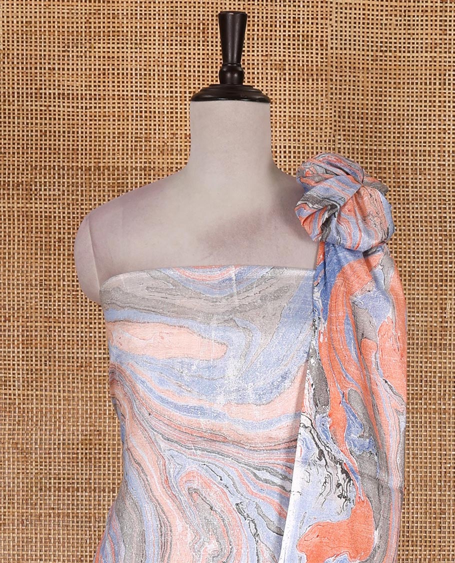 Orange semi-jute cotton material churidar set, abstract marble print top, abstract marble print bottom, and abstract marble print dupatta - Image 3