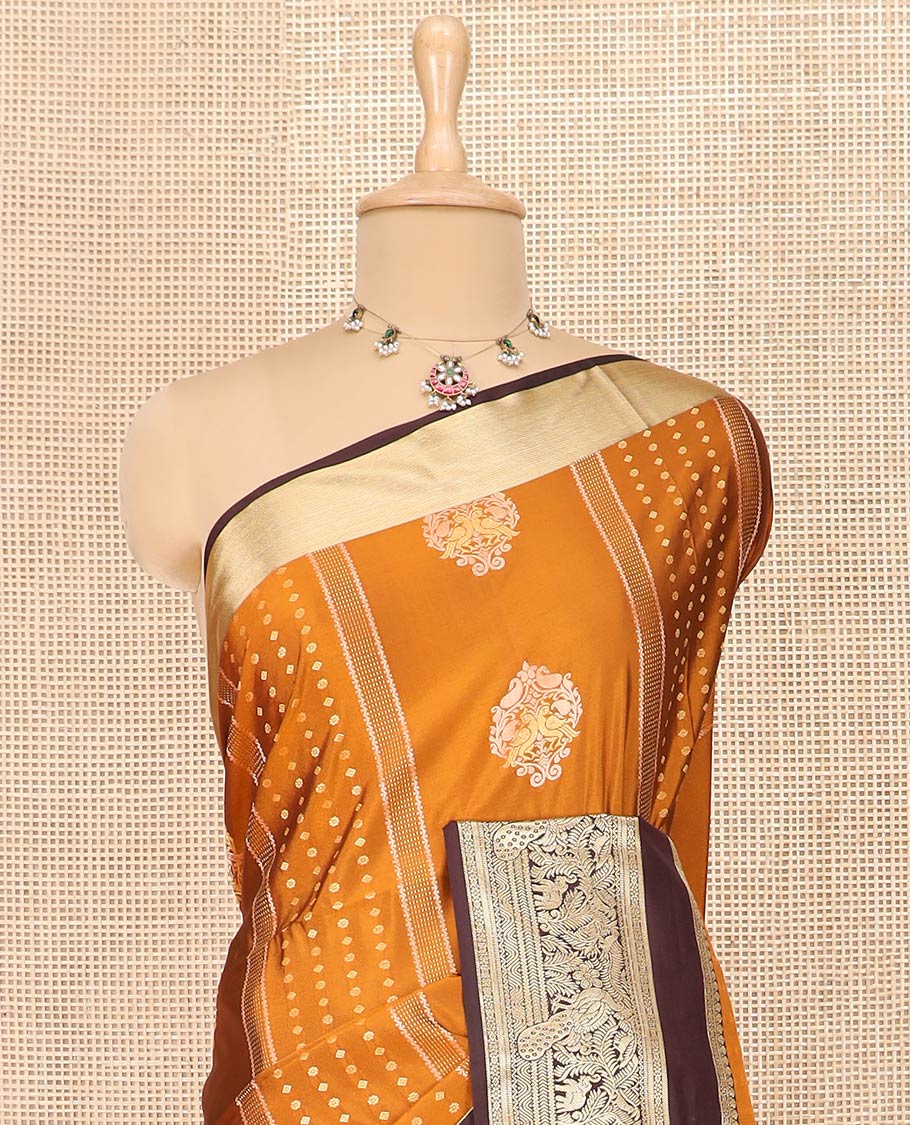 Orange Semi-Soft Silk Saree Elevated with Intricate Designs Woven All Over Its Body, Complemented by Contrast Traditional Zari Design Rettai Pettu Border, Opulently Embellished Pallu of Intricate Zari Designs, and Paired with a Contrast Blouse - Image 2