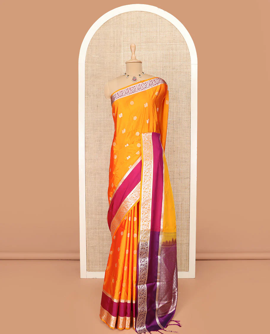 Orange Semi-Soft Silk Saree Featuring Peacock and Chakram Buttas, Complemented by a Contrast Rettai Pettu Traditional Zari Border of Peacocks, Grandly Woven Pallu of Jaal Designs, and Paired with a Contrast Blouse - Image 3
